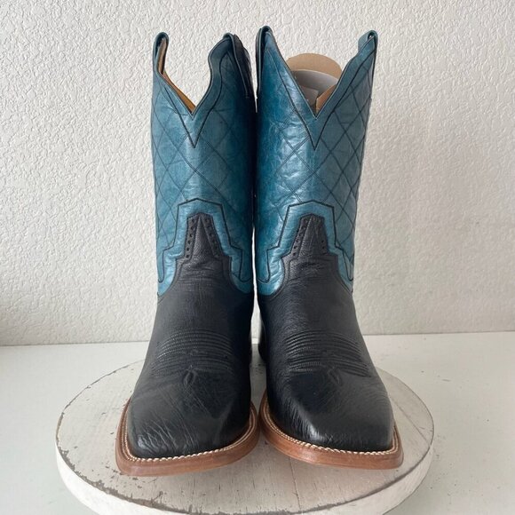 NEW Rod Patrick Mens Cowboy Boots 14A Black Ostrich Blue Top Leather Square Toe - Picture 6 of 14